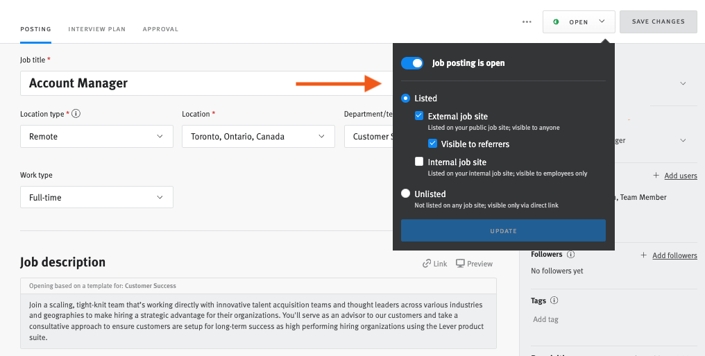 Lever job posting with arrow pointing to dropdown job posting distribution dropdown menu.