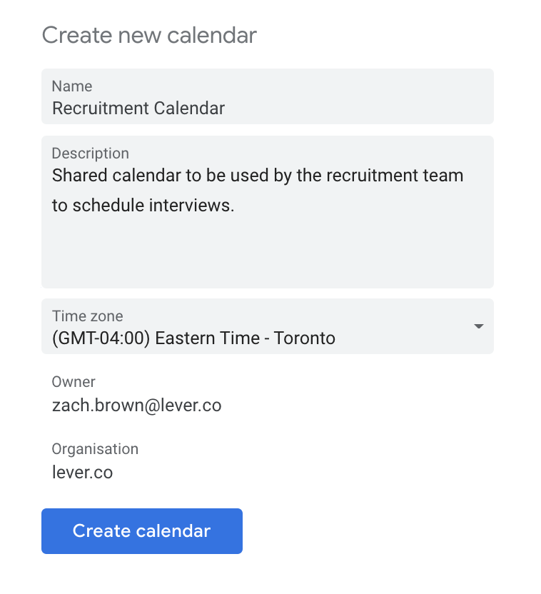 Name and description fields for new Google calendar being created, as well as Create calendar button beneath fields.