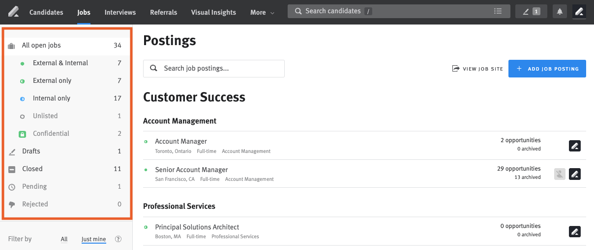 Lever jobs page with left hand job menu outlined.