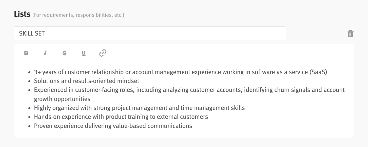 Job posting editor showing list section with bullet list