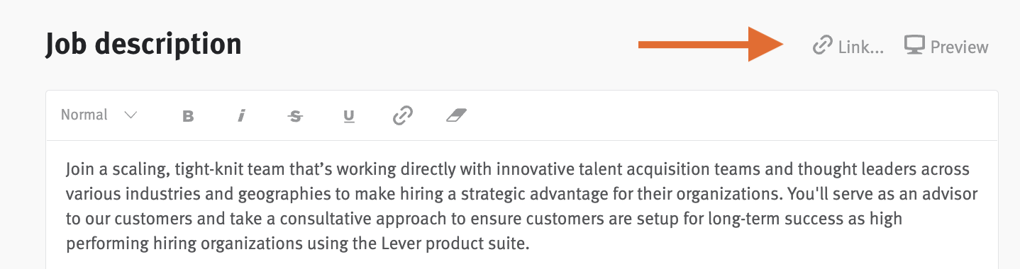 Job posting editor with arrow pointing to link and preview buttons