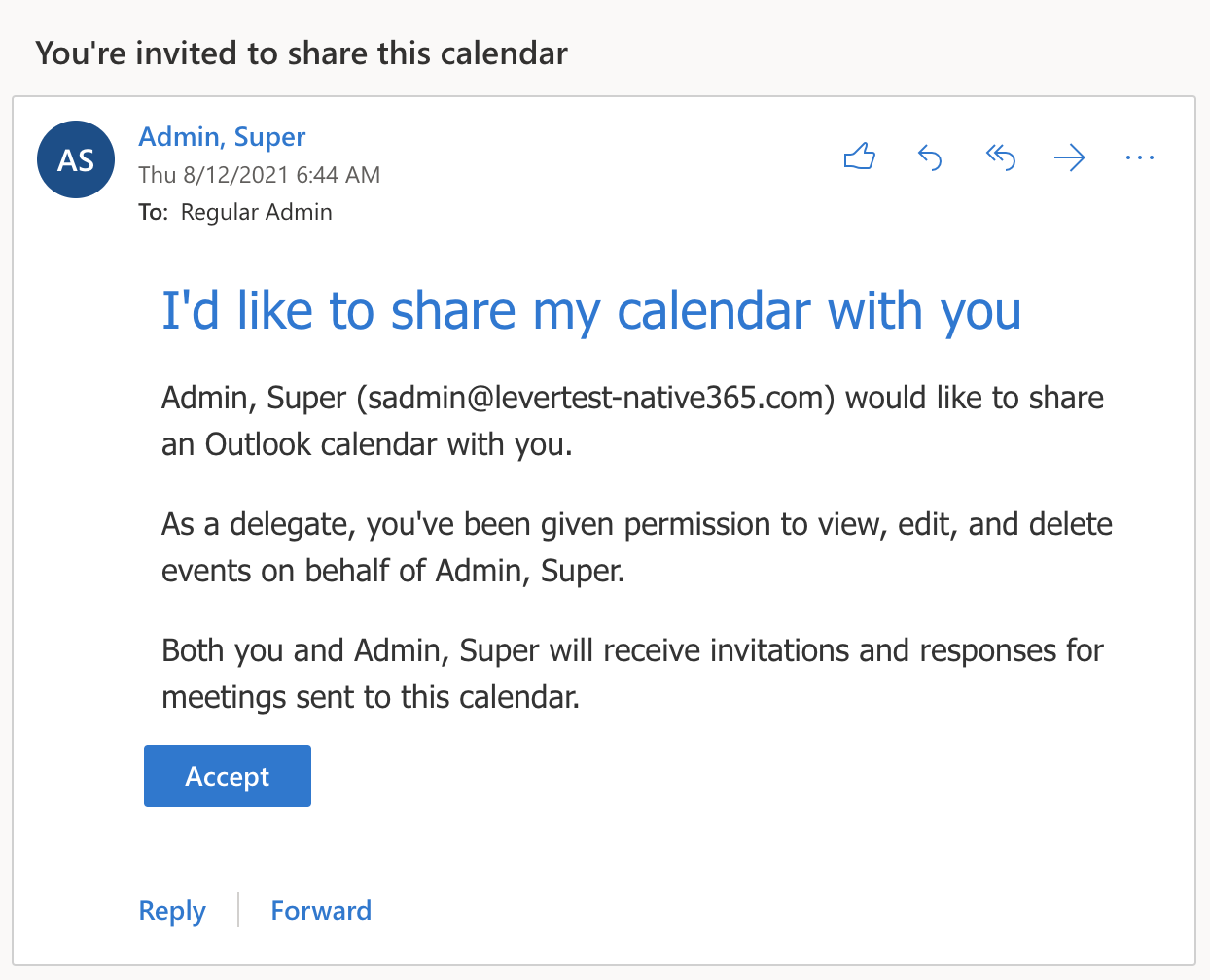 Calendar sharing invitation email in Outlook inbox.