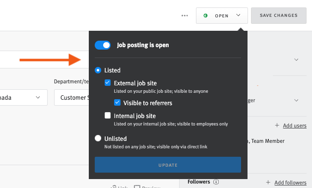 Menu expanded from button labelled with posting state in upper right of posting editor with options to select from other distribution states or to close the posting.