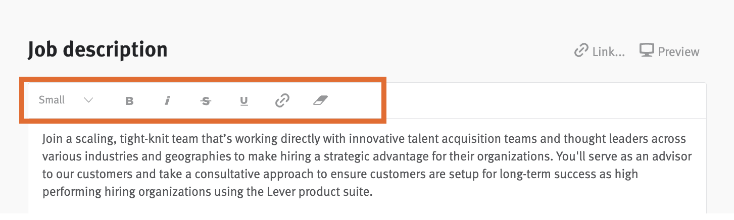 Job posting editor with formatting bar outlined