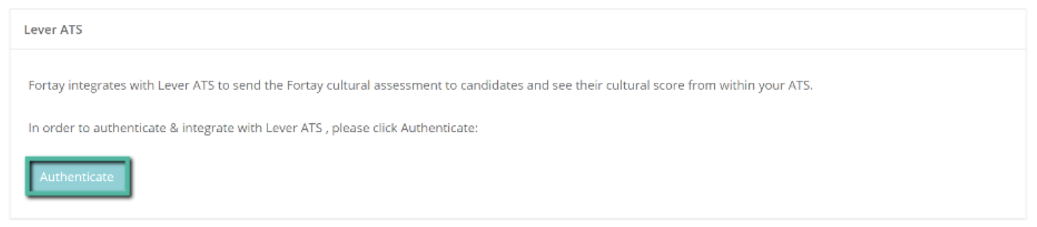 Lever authentication page in Fortay with authenticate button outlined