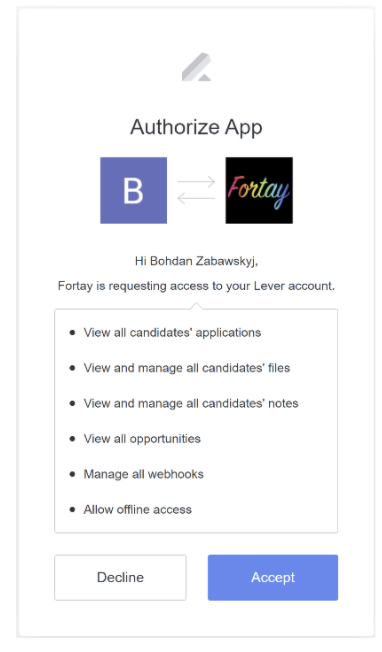 Authorize app modal with list of permissions and accept button