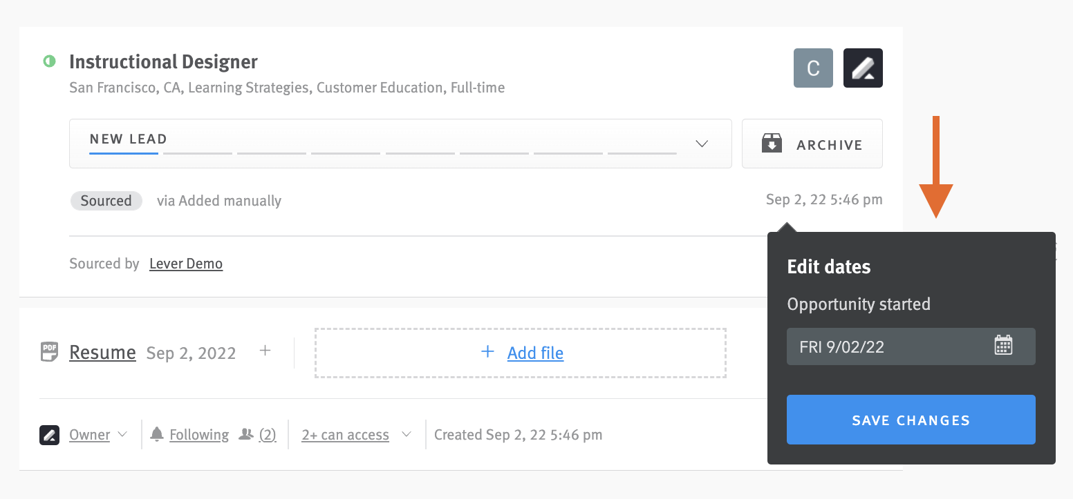 Candidate profile with date editor
