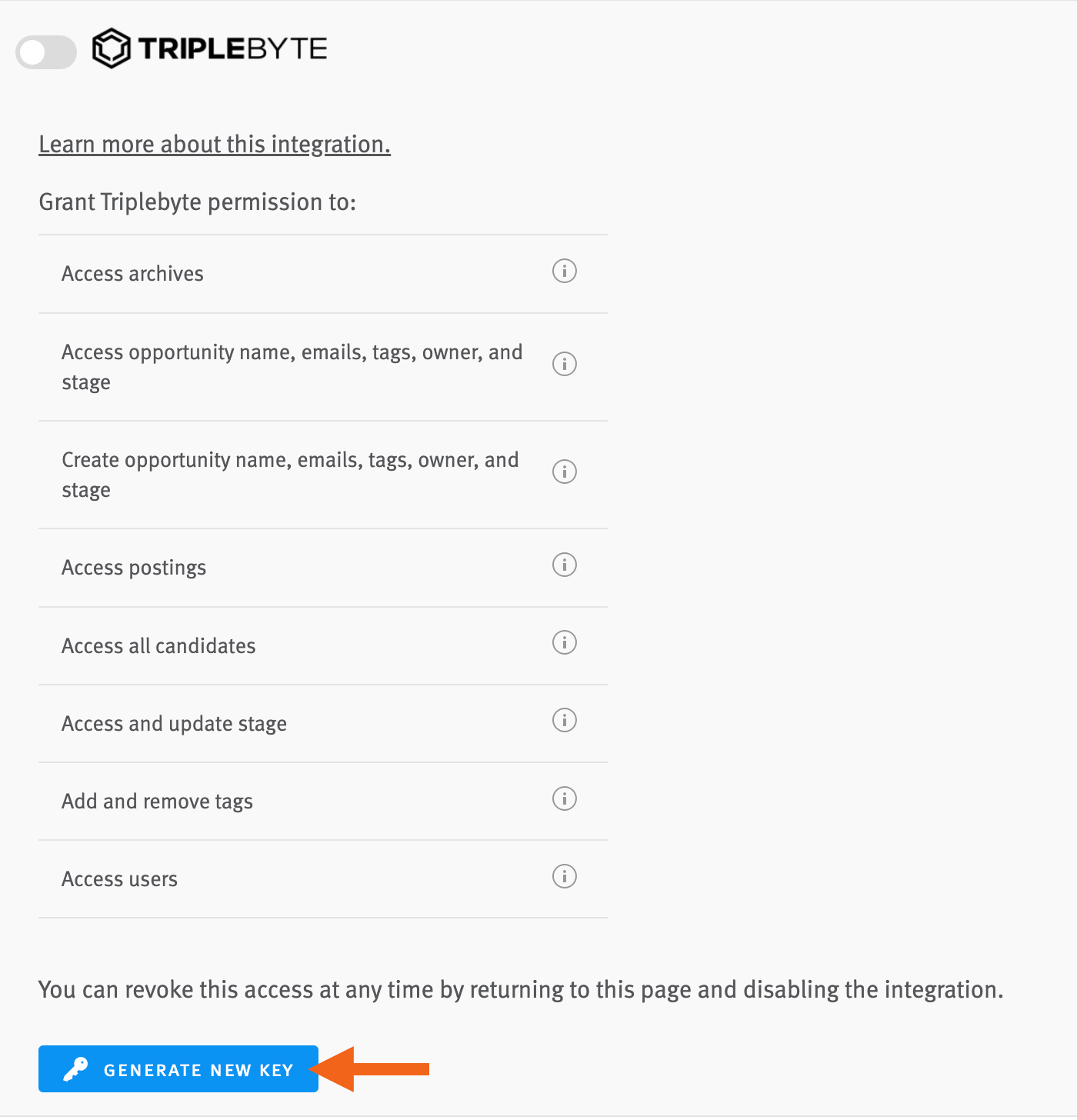Lever settings showing triplebyte section with arrow pointing to generate new key button