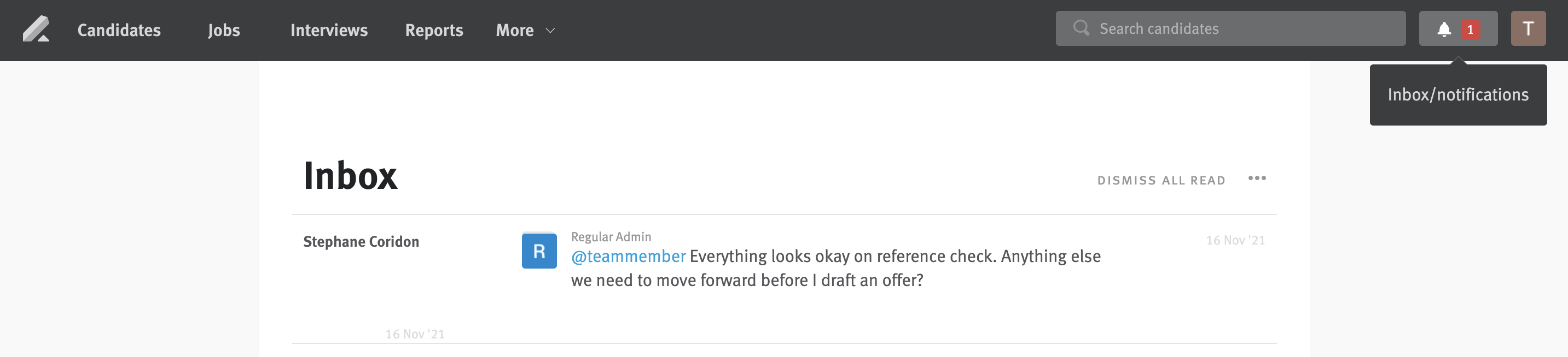Lever Inbox with notification for note in which the user was @-mentioned.