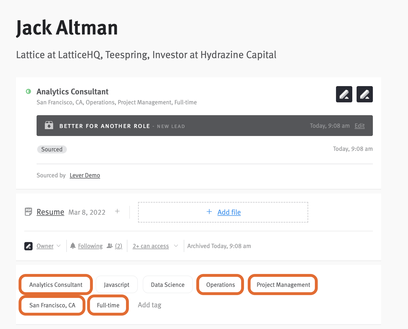 Close-up of an opportunity profile for an archived opportunity. Tags for the posting title, location, department, team, and work type carried over from the posting are circled.