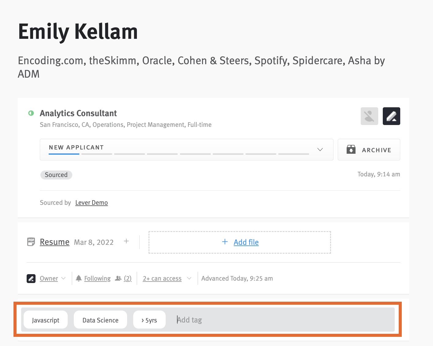 Close-up of opportunity profile for an active opportunity with tags field circled containing Javascript, Data Science, and greater than five years tags.