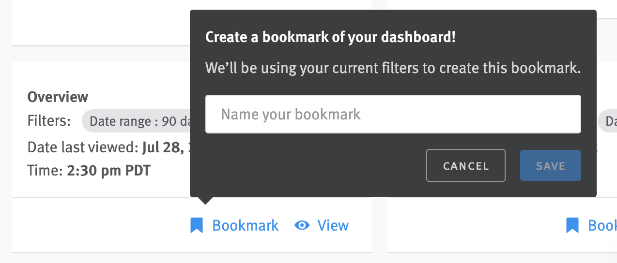Close up of recently viewed dashboard card with bookmark title field expanded in pop-over.