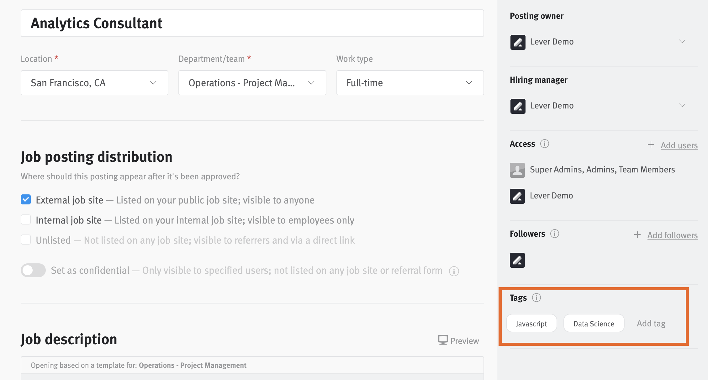 Posting editor for Analytics Consultant posting with tags section circled, containing Javascript and Data Science tags.