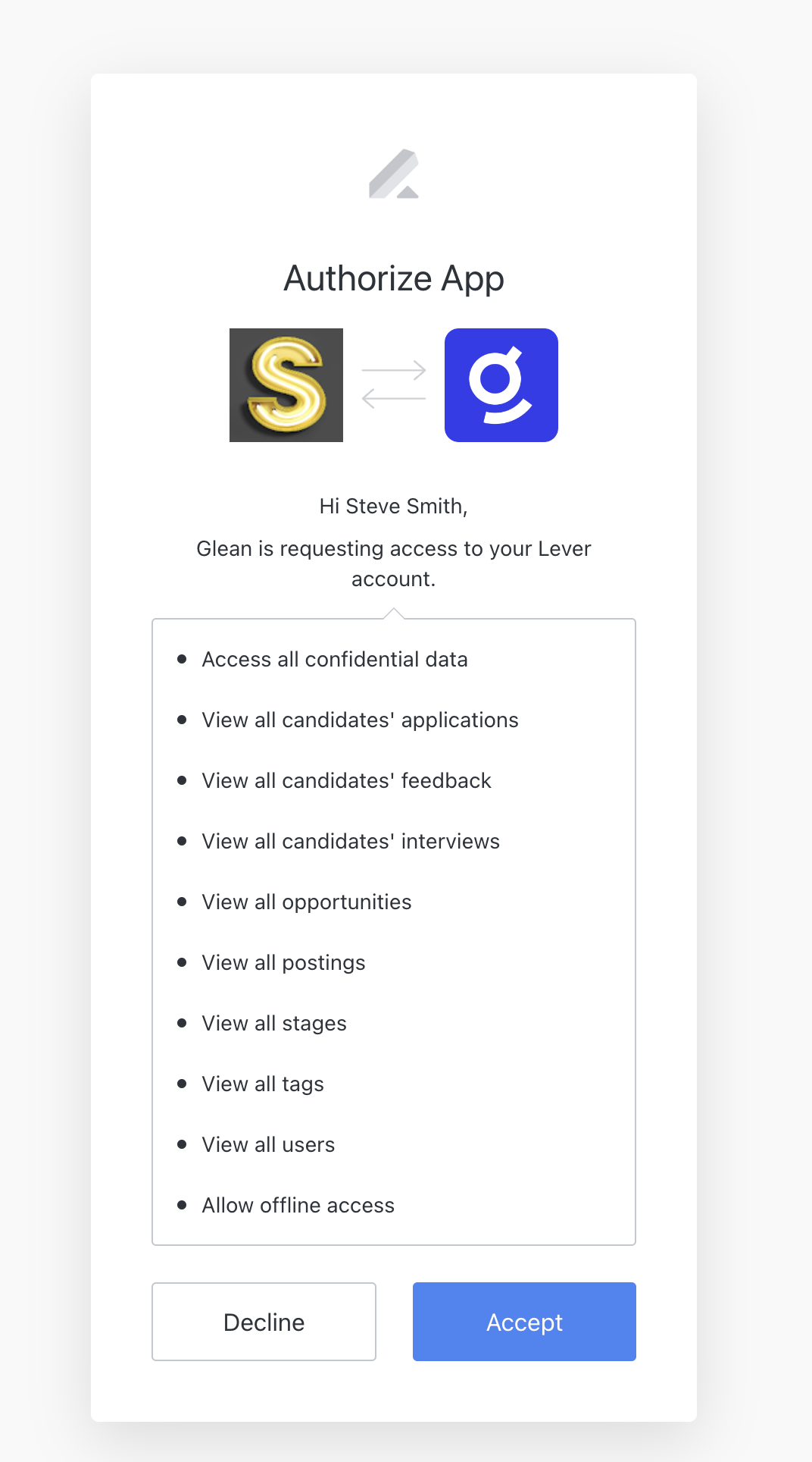 screenshot of permissions modal