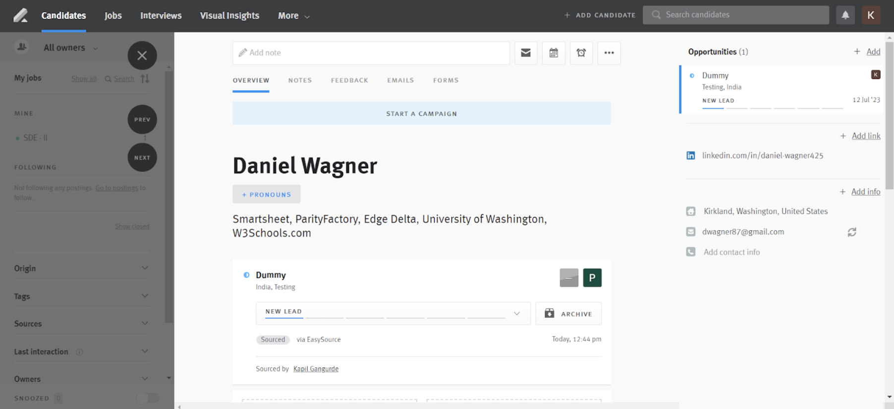 Candidate opportunity profile in Lever with EasySource listed as source