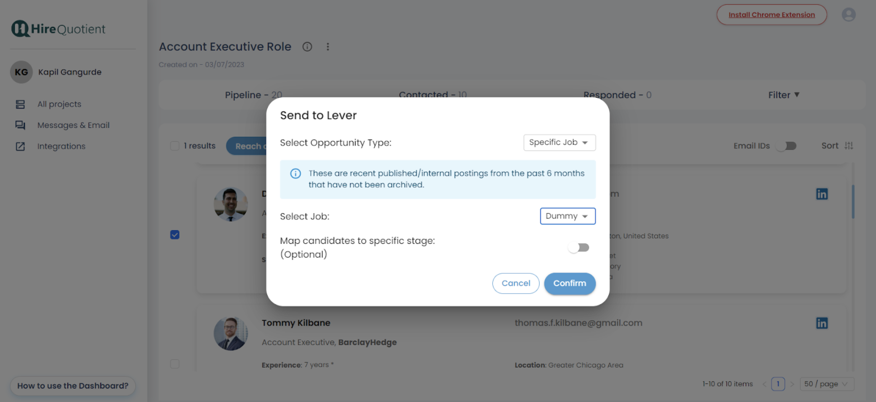 Send to Lever modal in EasySource with opportunity type and job selected