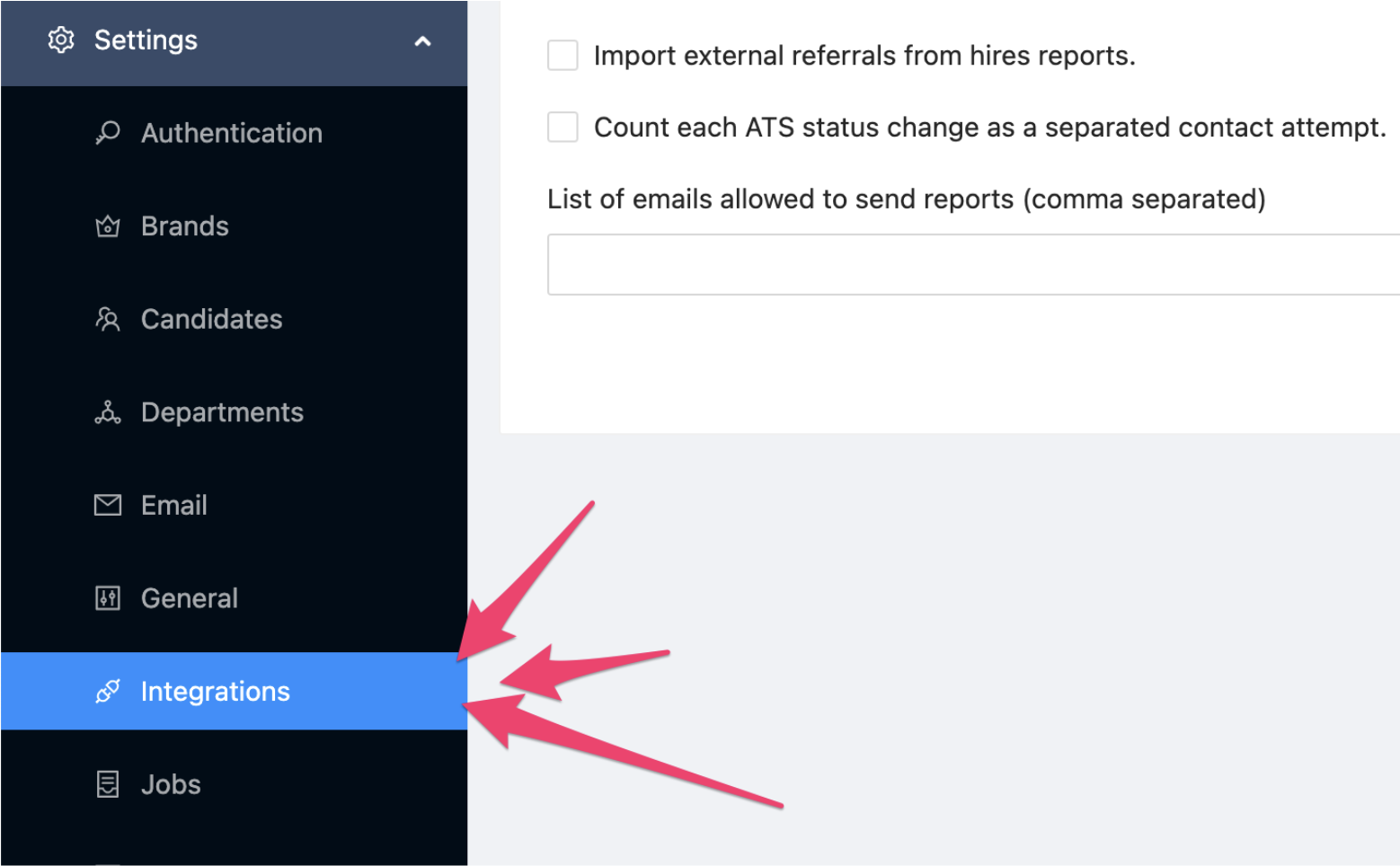 Arrows pointing to Integrations sub-option under Settings in navigation menu