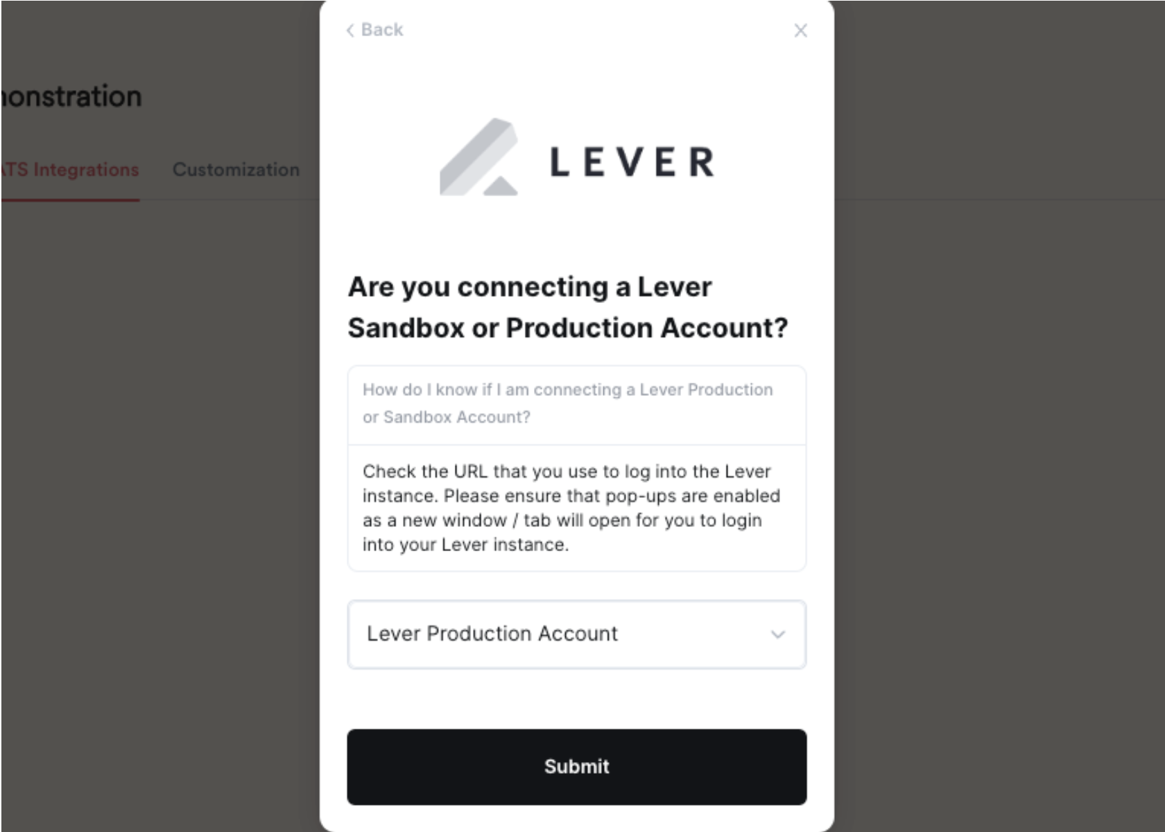 Product or Sandbox selection menu on modal