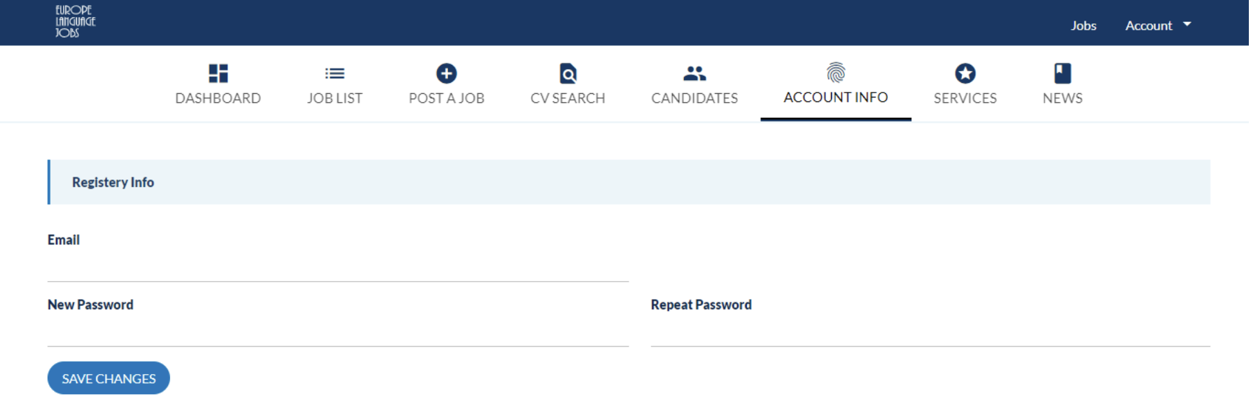 Account Info section in Europe Language Jobs