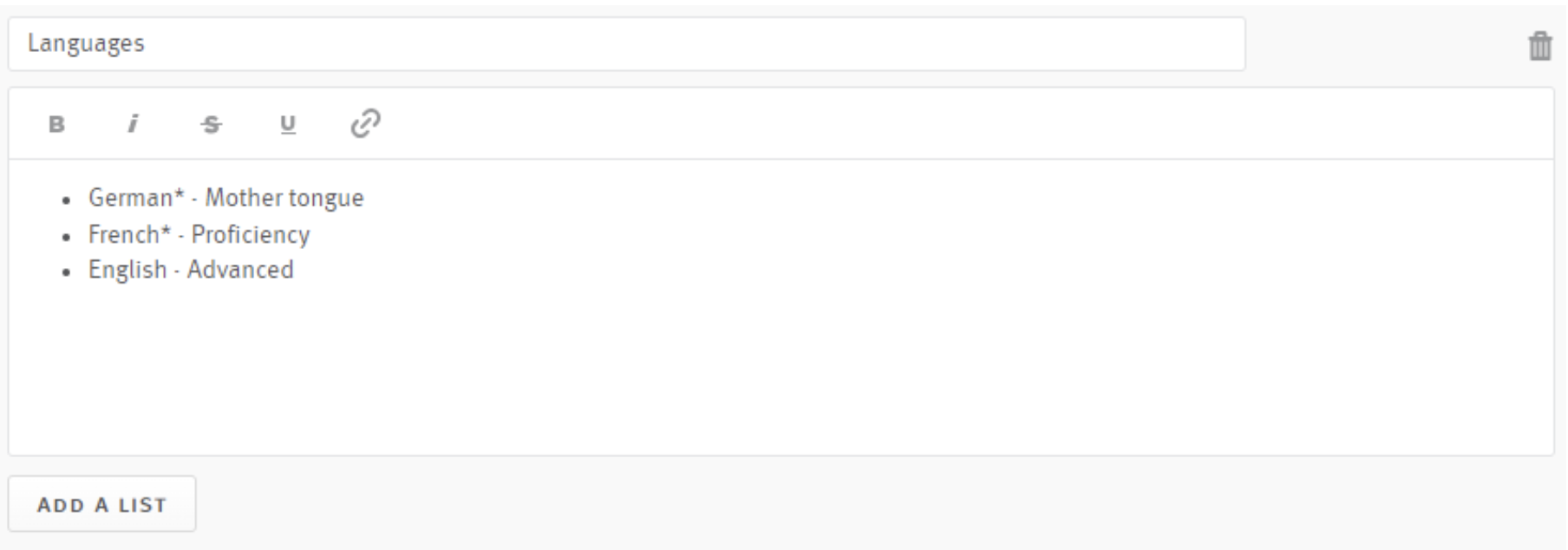List titled Languages added to posting in Lever posting editor with the following bullets: German* - Mother tongue, French* - Proficiency, English - Advanced