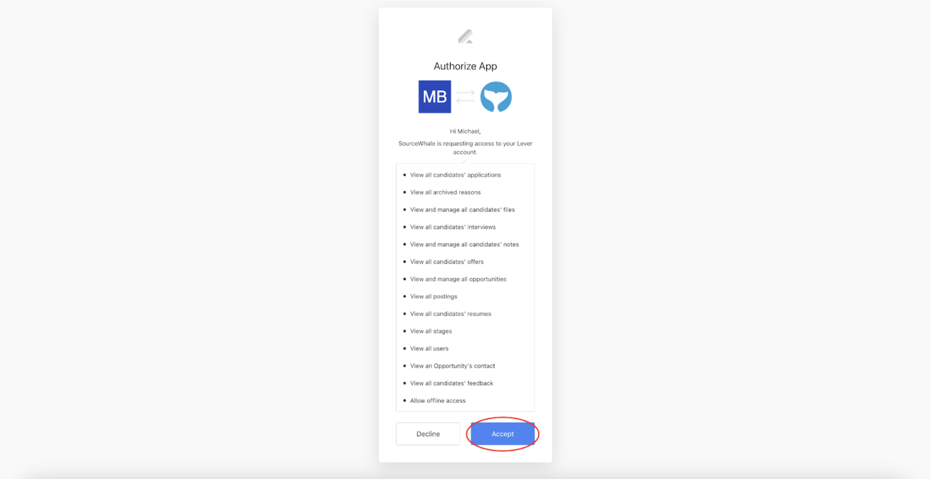 App authorization modal with listed permissions