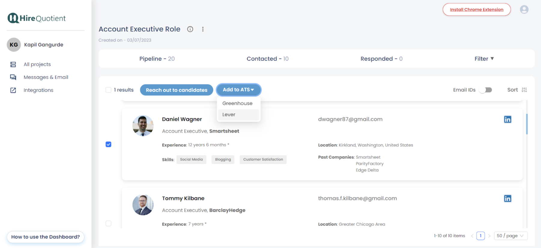 EasySource project dashboard; menu extending from Add to ATS button with Lever option highlighted