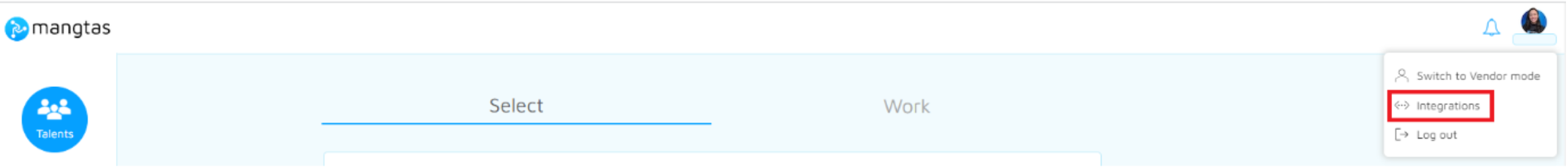 Menu extending from profile avatar in Mangtas with Integrations option outlined