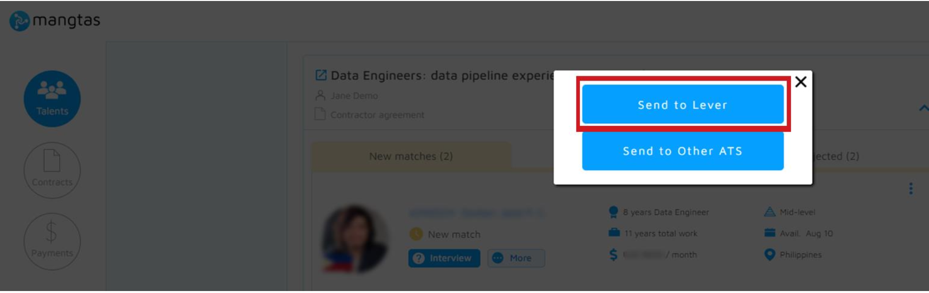 Send to Lever options outlined on pop-up