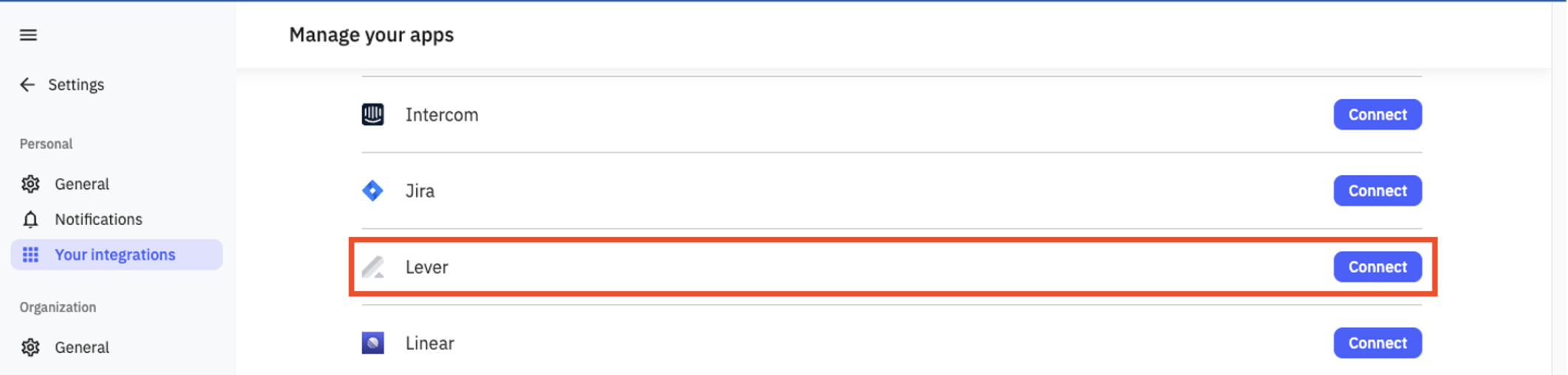 Lever entry on Integrations page in Relay