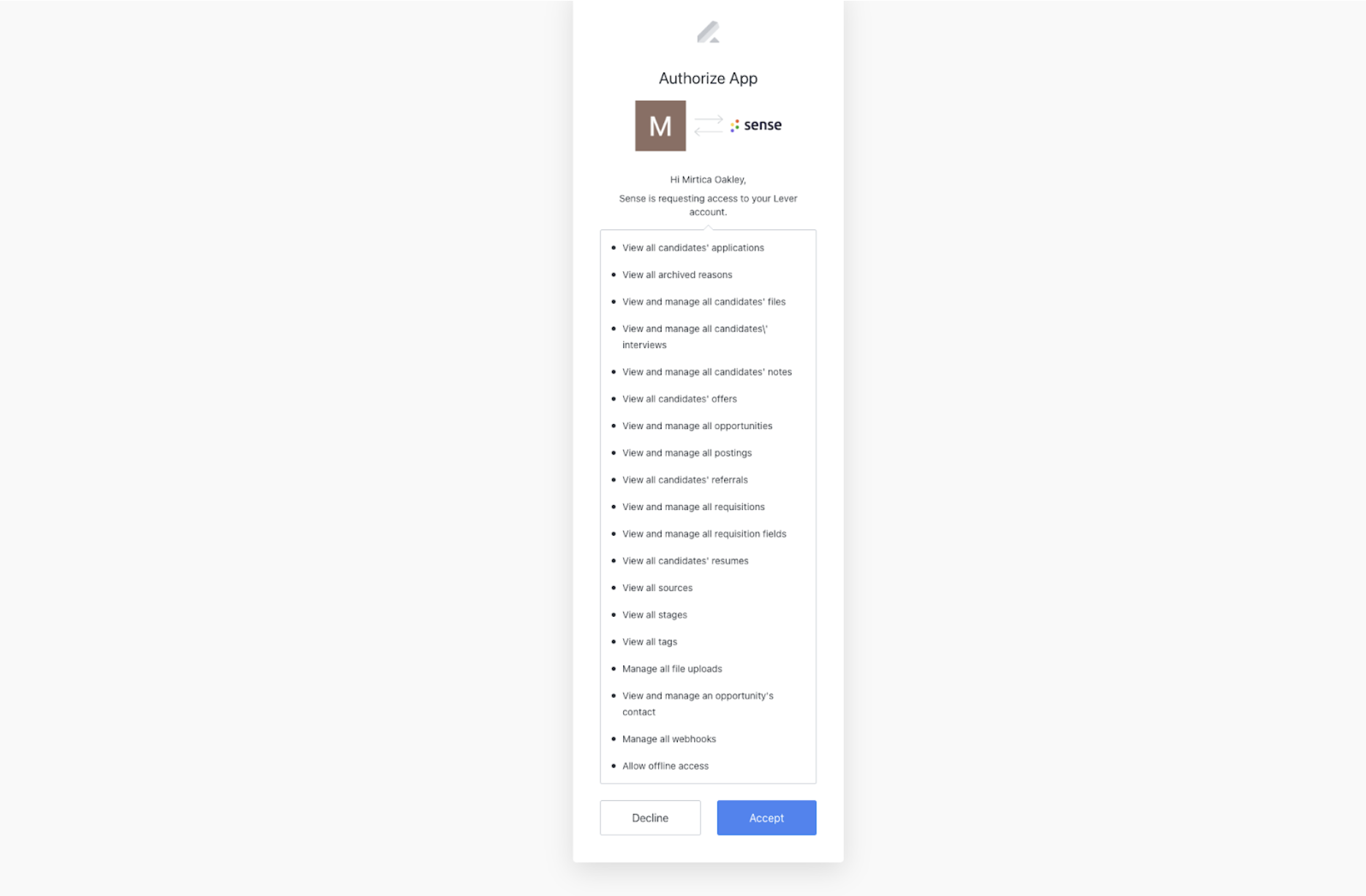 App authorization modal with listed permissions