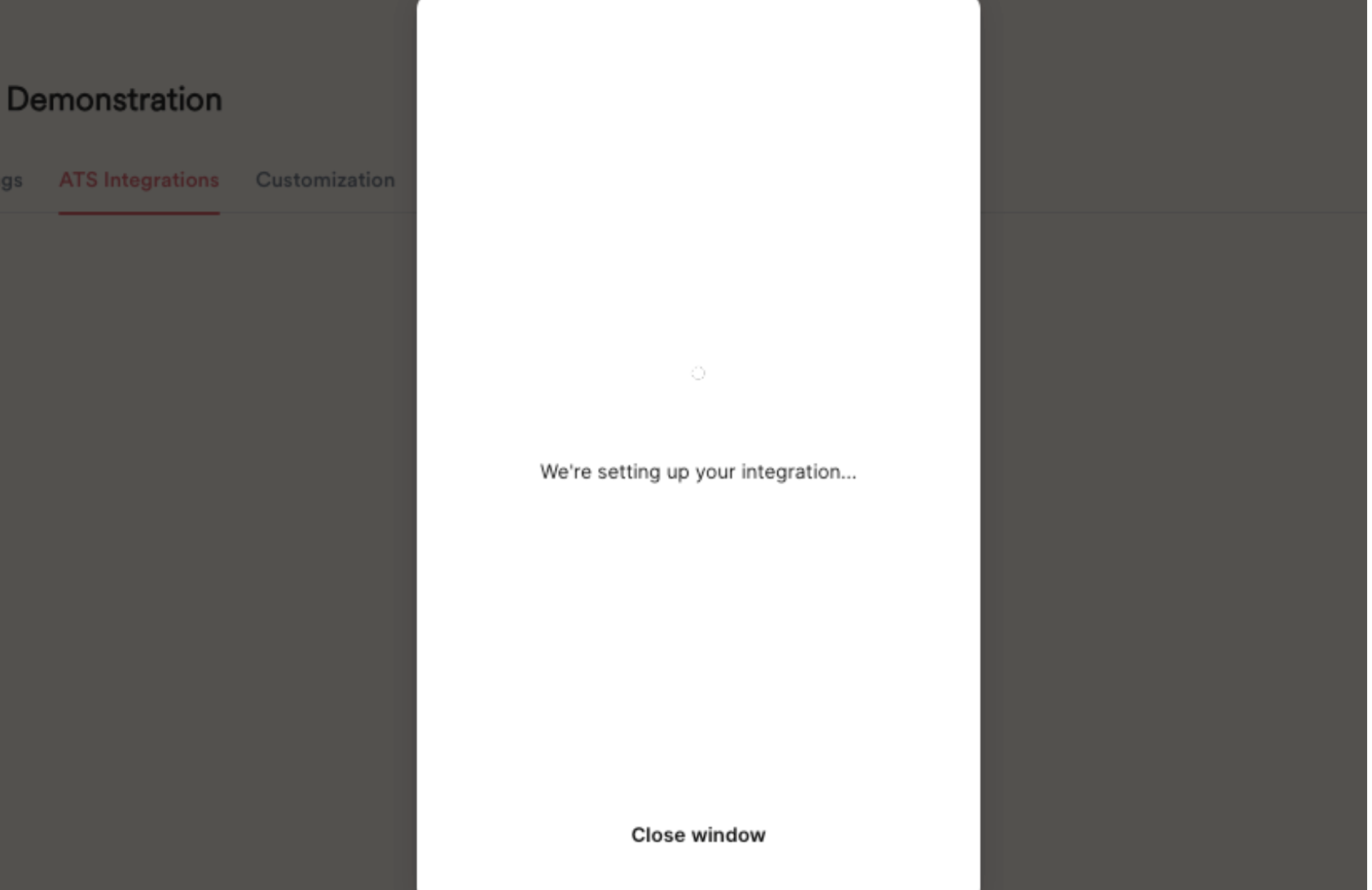 Authorization modal reads 'We're setting up your integration...'