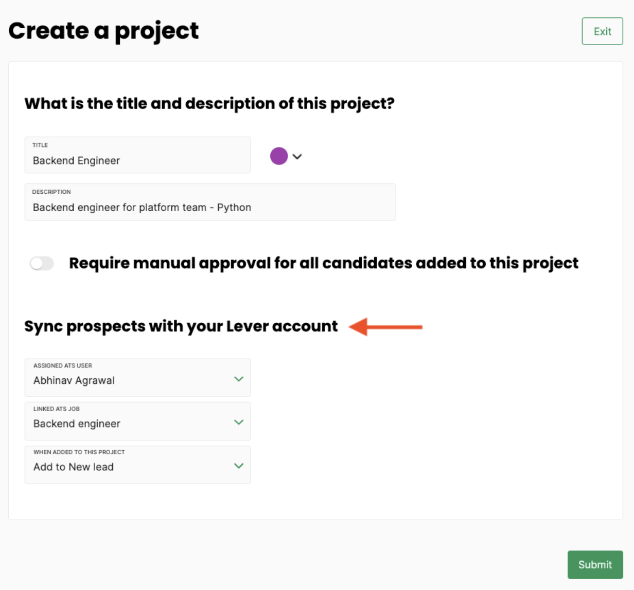 Project configuration interface in Hireflow with arrow pointing to Sync prospects with Lever account heading