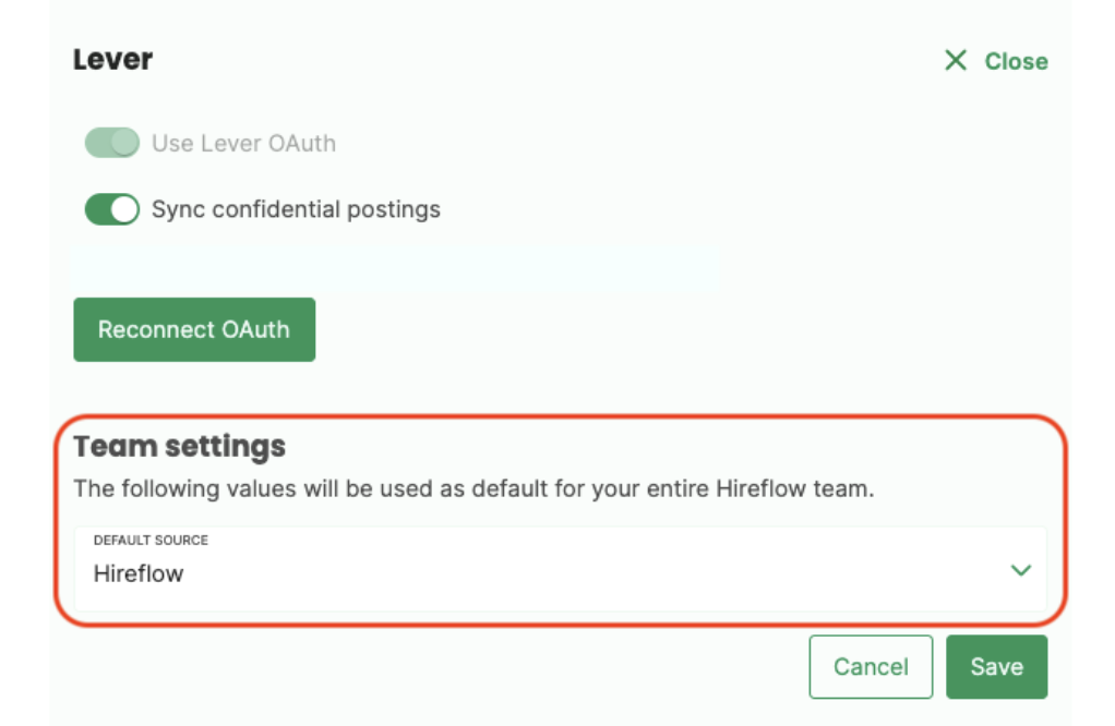 Team Settings field outlined with default source set to Hireflow