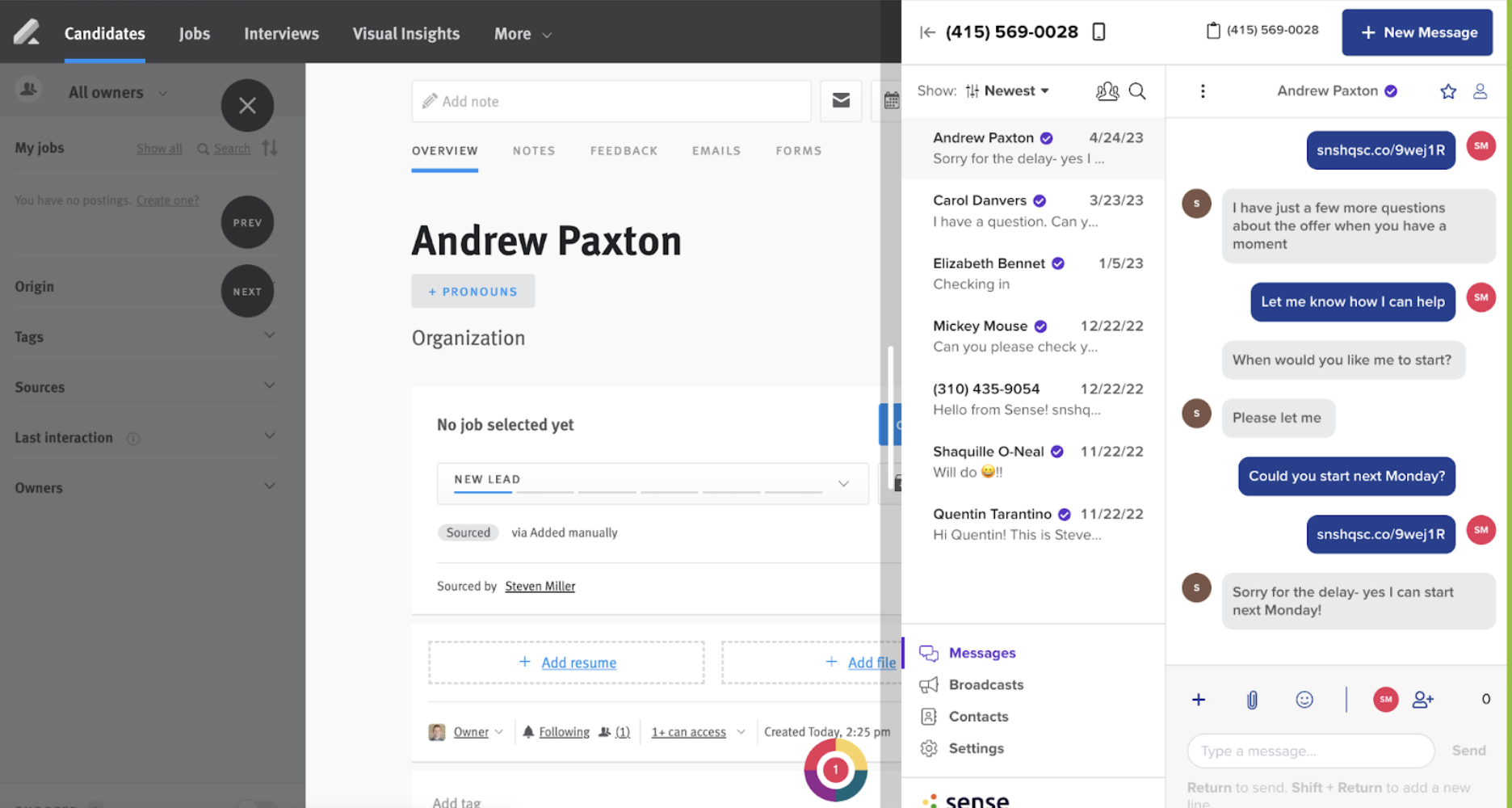 Candidate profile in Lever with Sense Chrome extension expanded