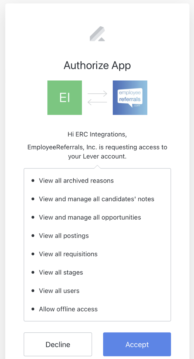 App authorization modal with listed permissions