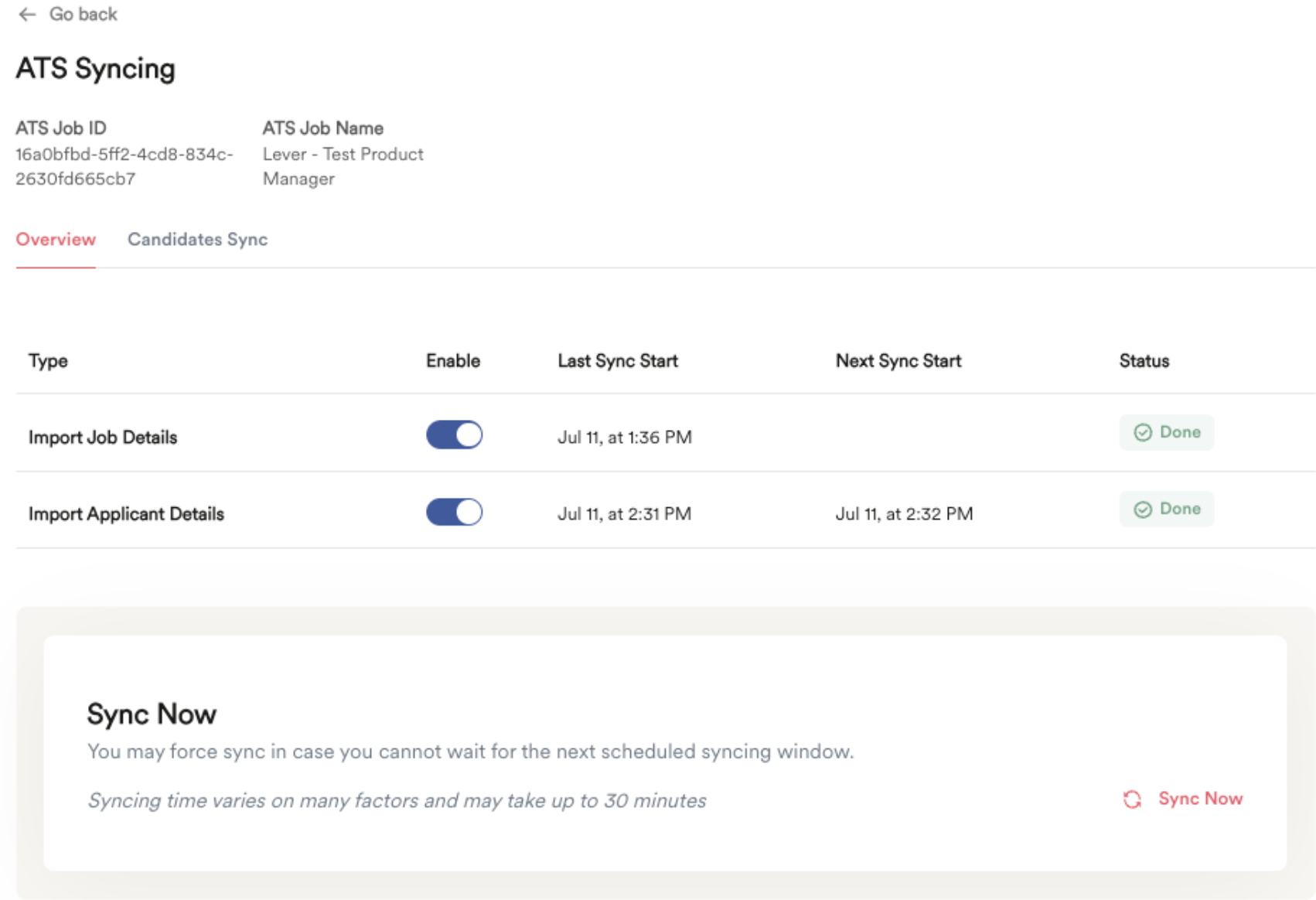 Sync settings page for position in Hireguide