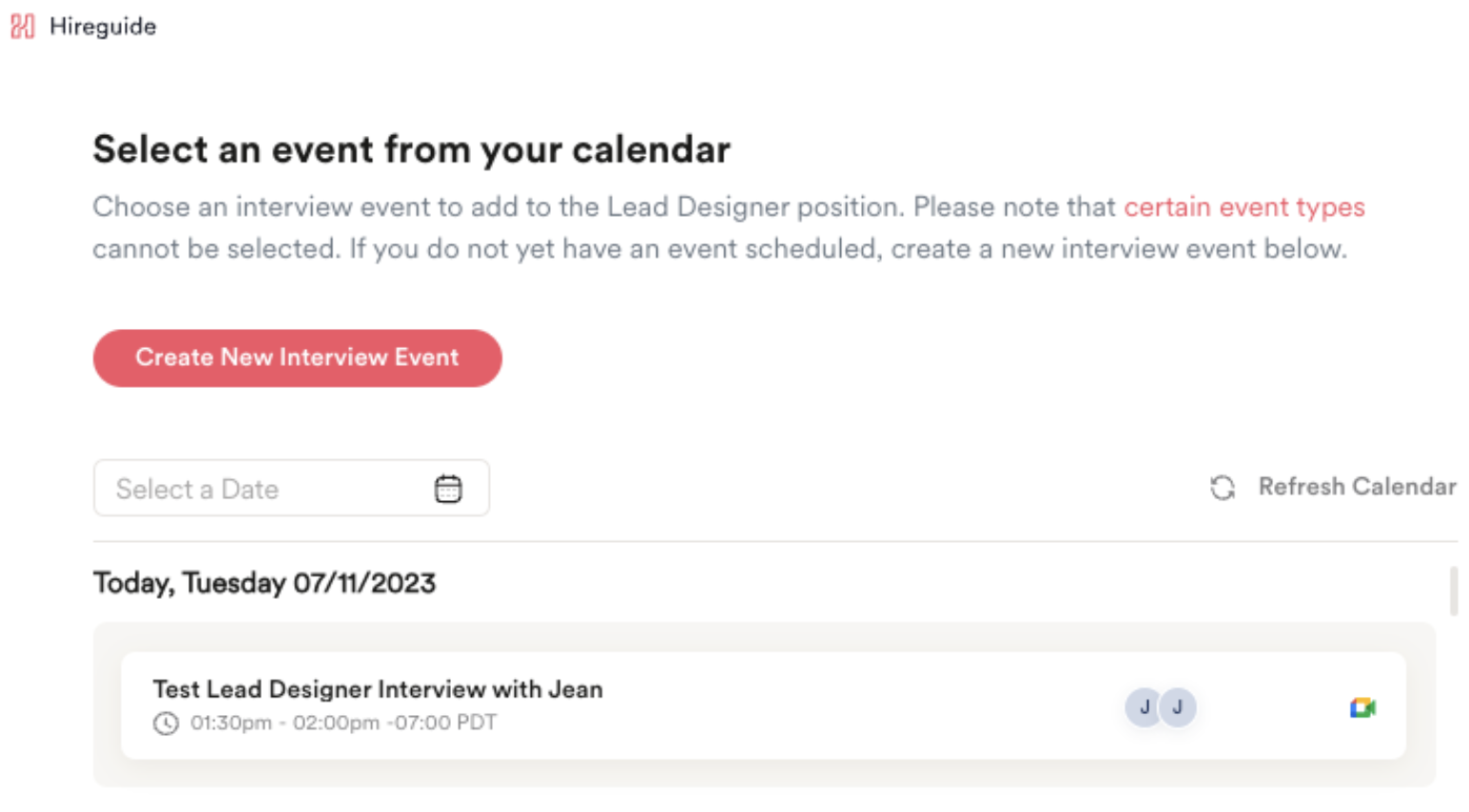 Calendar event selection page in Hireguide
