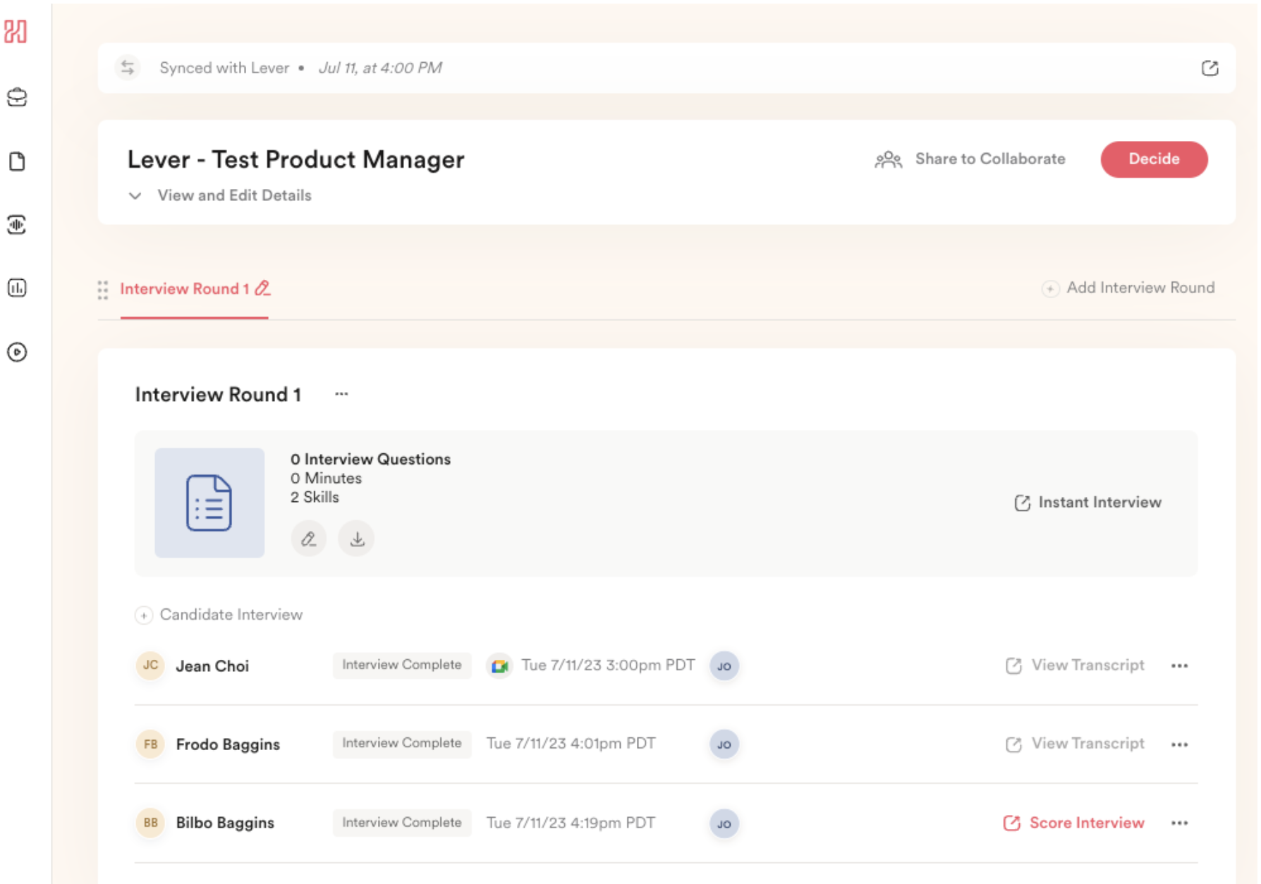 Interview round details on position page in Hireguide with details for completed interivews