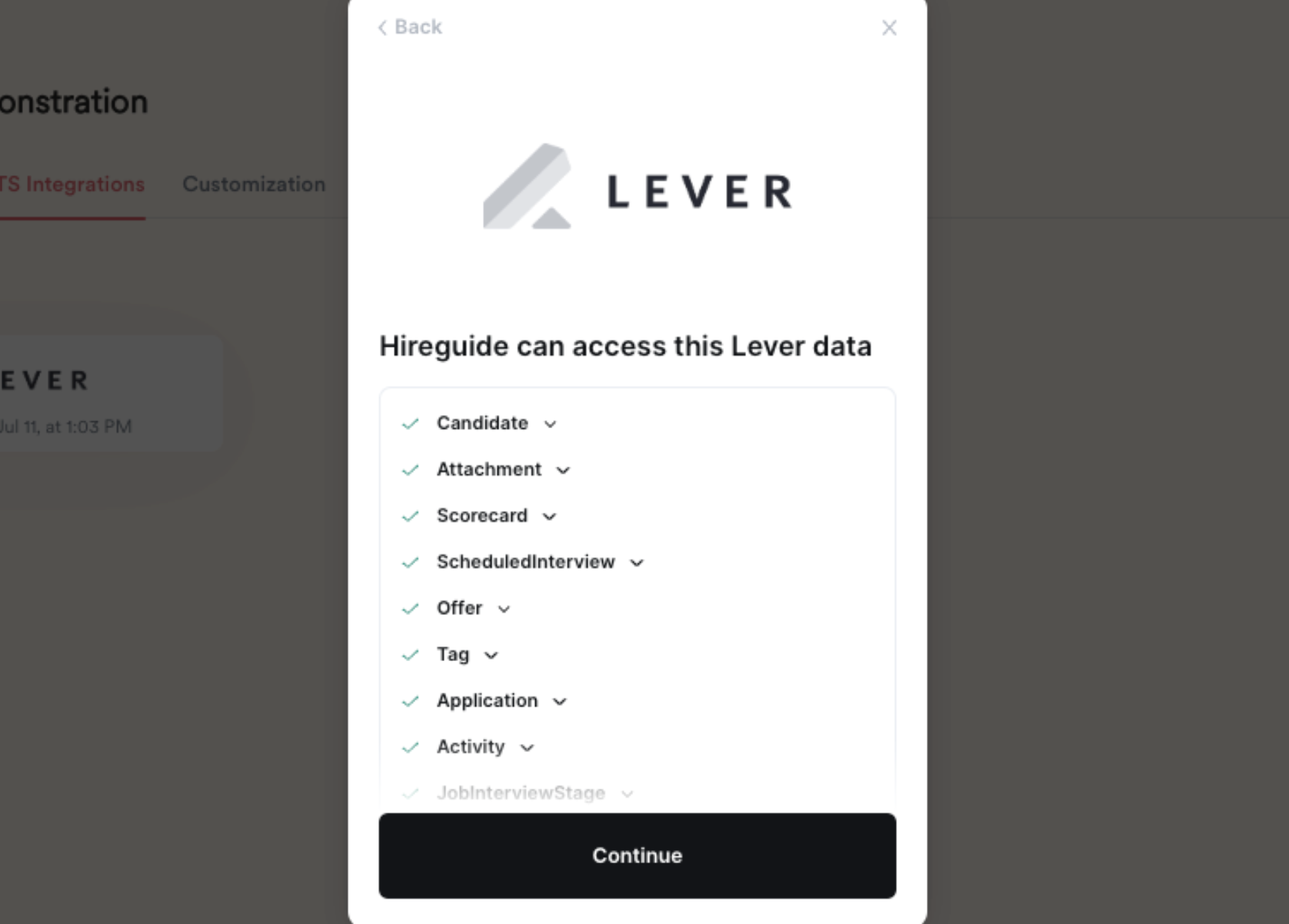 Authorization modal with list of requested permissions