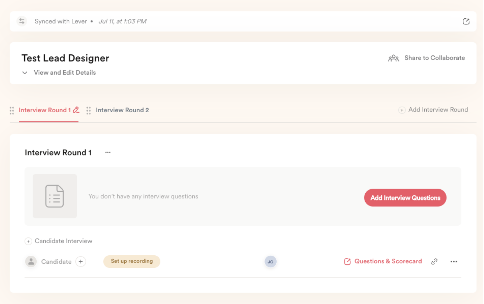 Interview round details on positions page in Hireguide with set up recording option
