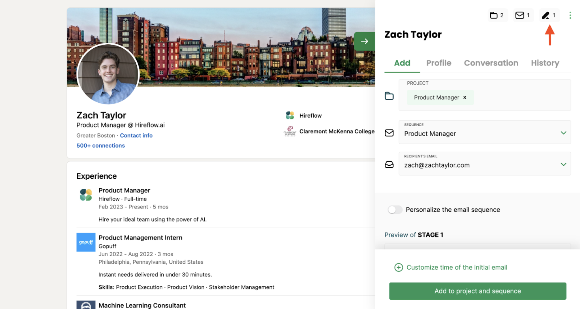Individual's LinkedIn page with Hireflow Chrome extension expanded and arrow pointing to Lever button