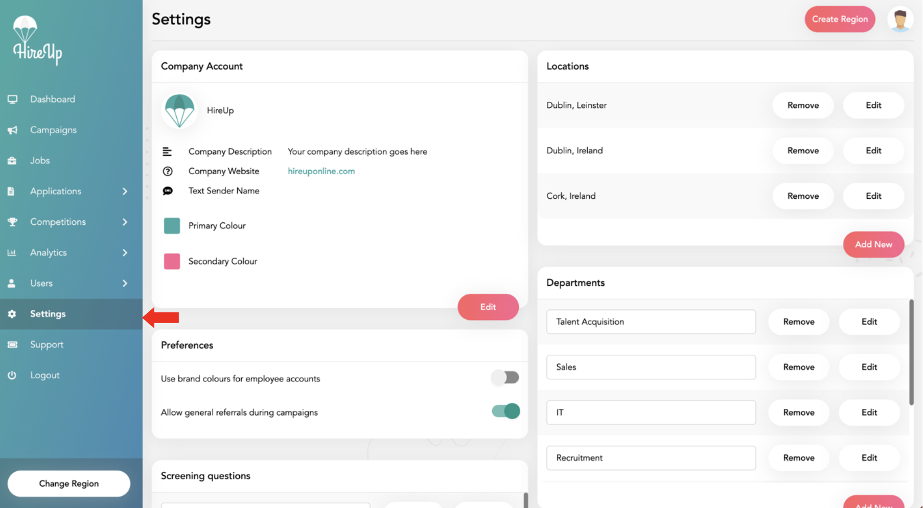 Company settings page in HireUp