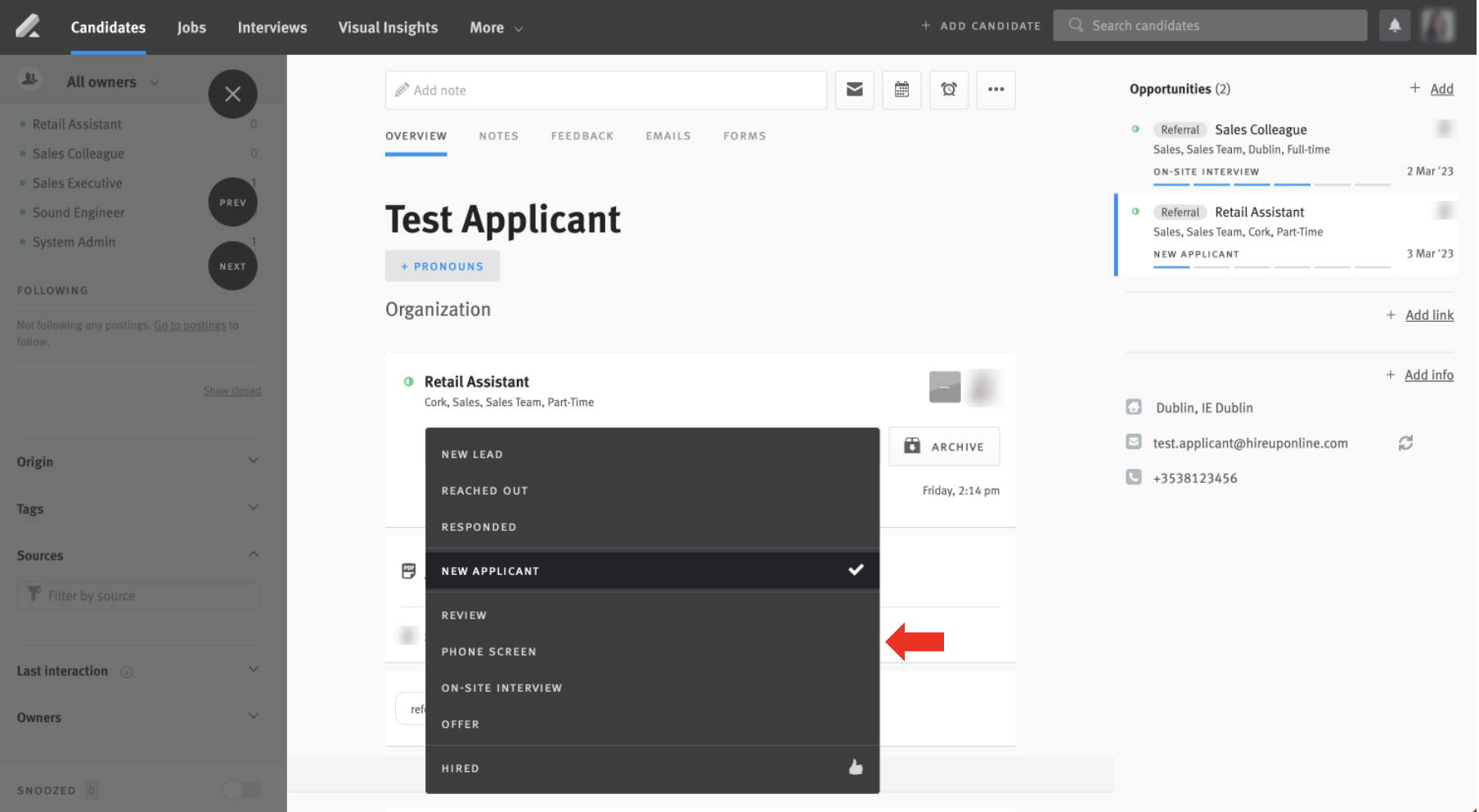 Stage menu expanded on Lever candidate opportunity profile; arrow points to phone screen stage in menu