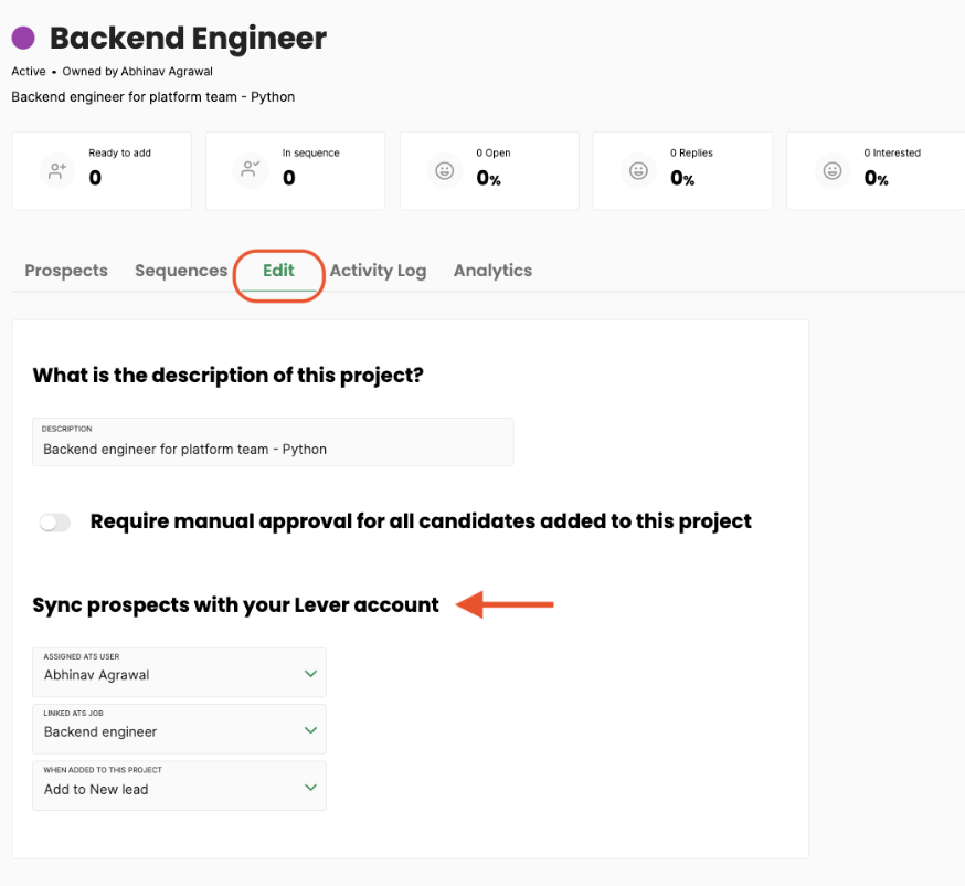 Edit tab outlined on Backend Engineer project in Hireflow with arrow pointing to Sync prospects with Lever account heading