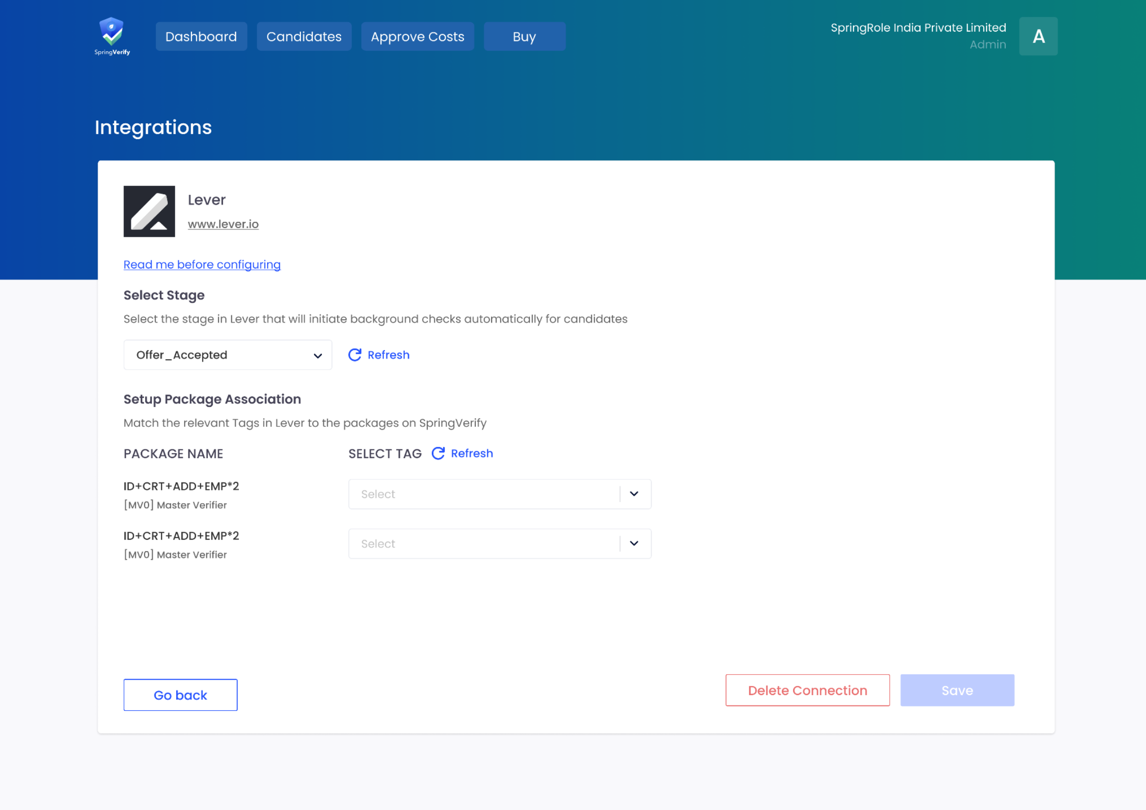 Lever integration page in SpringVerify; selected stage is Offer_Accepted
