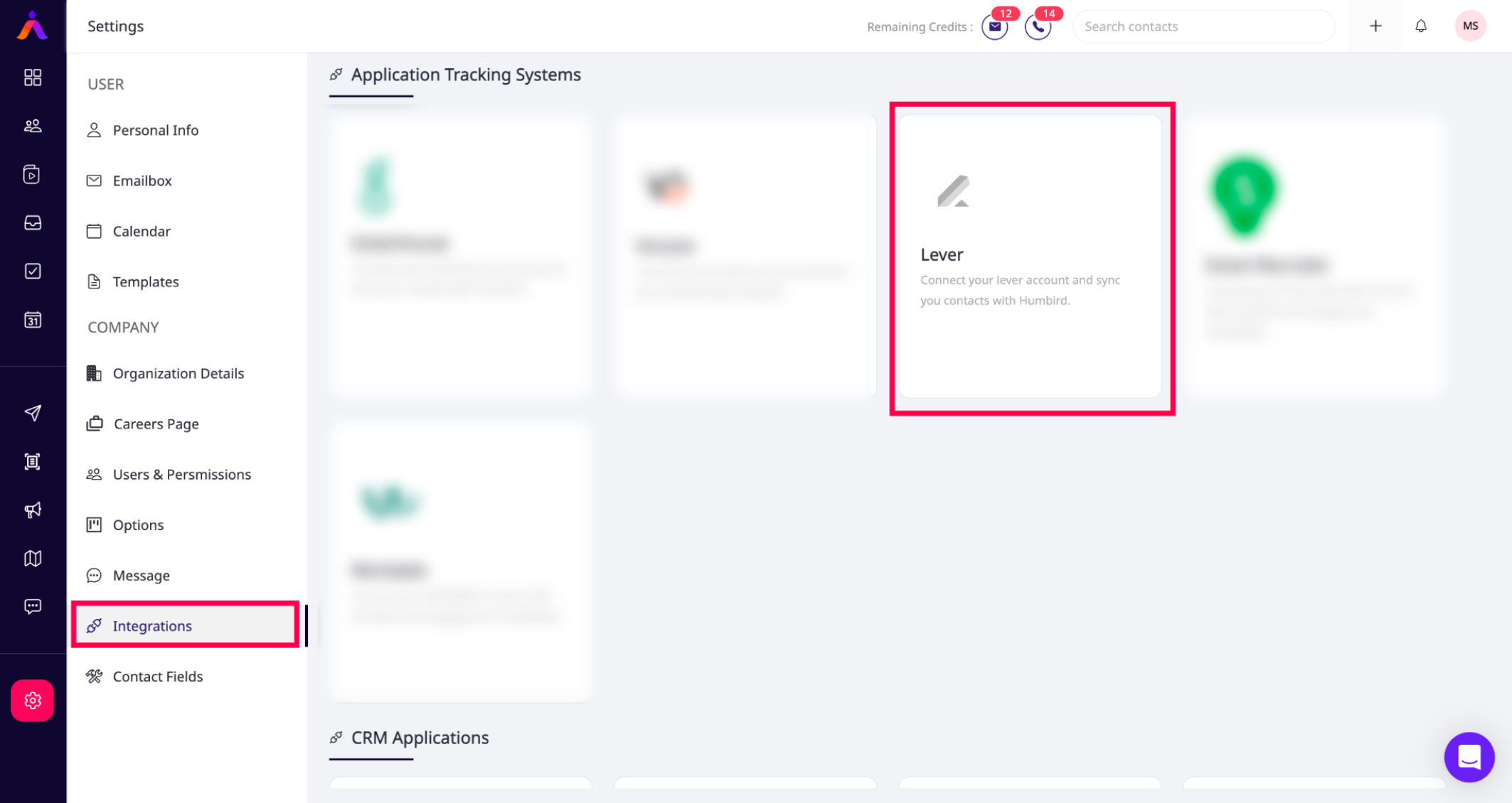 Lever tile outlined on Humbird AI integrations page