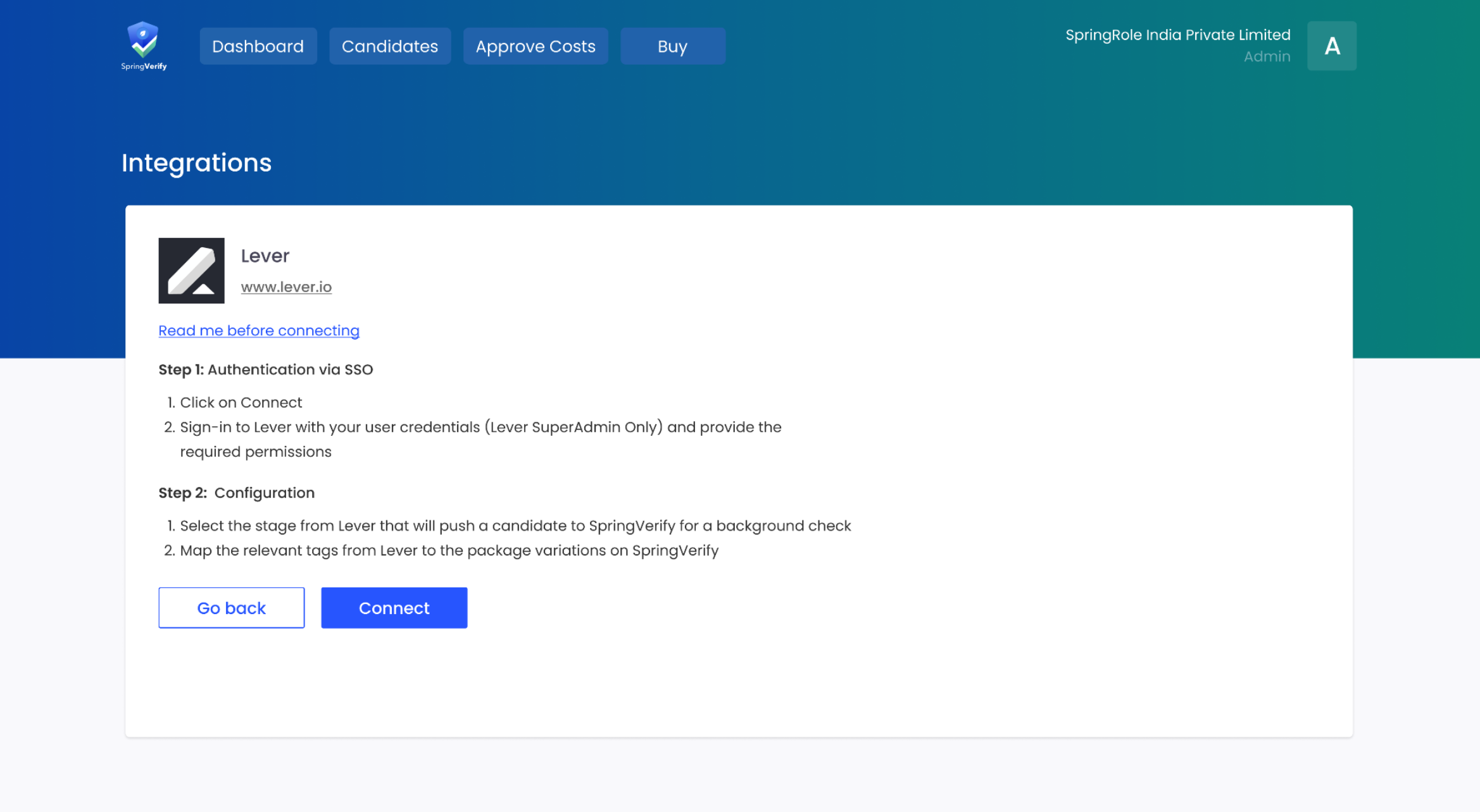 Lever integration page in SpringVerify