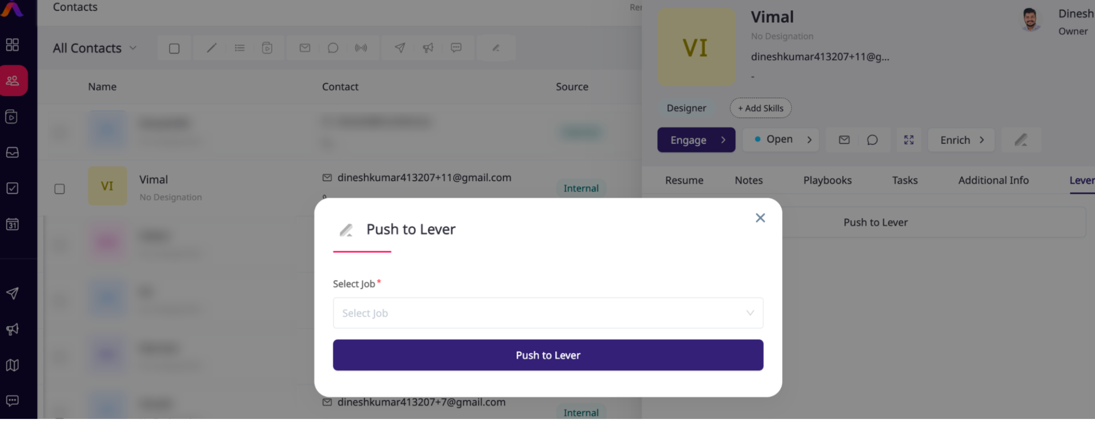 Push to Lever modal in Humbird AI with job selection menu and button labelled Push to Lever