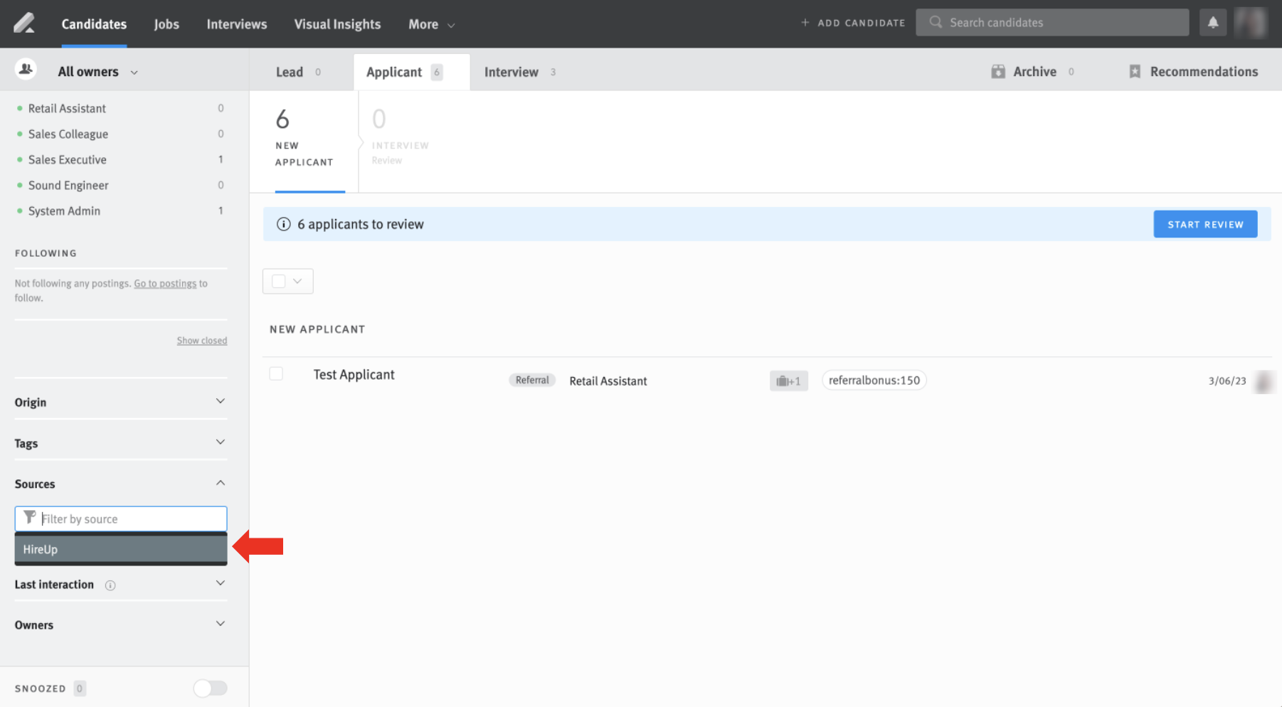 Arrow pointing to Sources pipeline filter; HireUp option highlighted