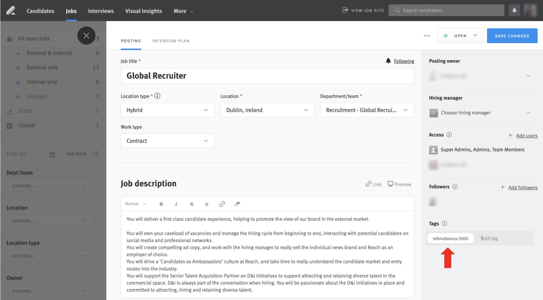 Arrow pointing to referral bonus tag on posting in Lever